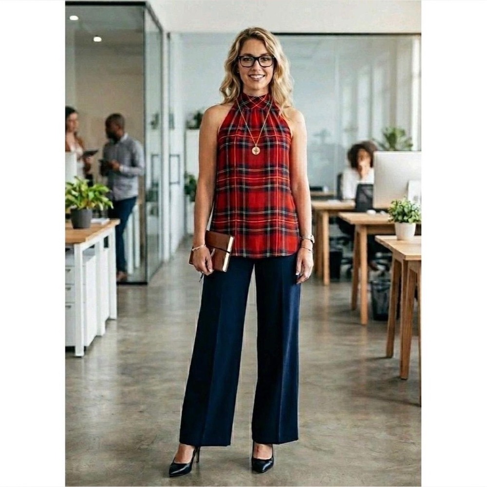 J. Crew Plaid Halter Top 6 Red Stewart Tartan Bow Tie Neck Preppy Holiday Blouse